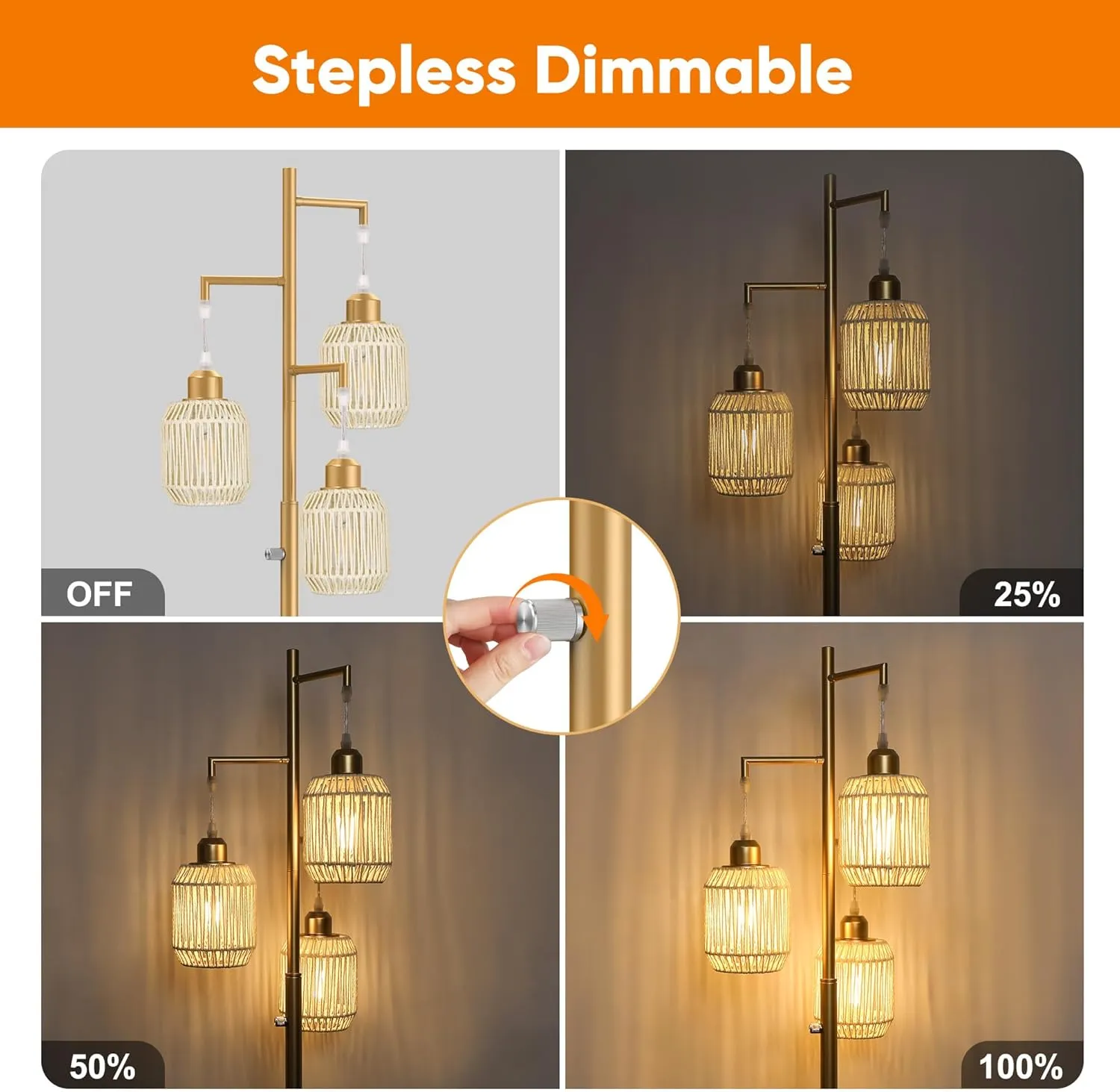 ROTTOGOON Dimmable Boho Floor Lamp - 3 Light Farmhouse Rattan Floor Lamp for Living Room, Industrial Tree Floor Lamps with 3 X 6W LED Bulbs, Rustic Standing Tall Lamp for Bedroom, 68", White