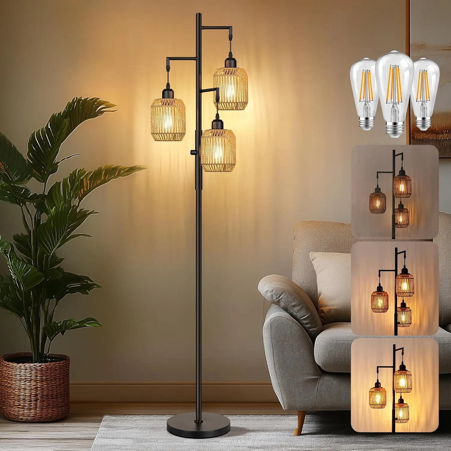 ROTTOGOON Dimmable Boho Floor Lamp - 3 Light Farmhouse Rattan Floor Lamp for Living Room, Industrial Tree Floor Lamps with 3 X 6W LED Bulbs, Rustic Standing Tall Lamp for Bedroom, Office, 68", Black