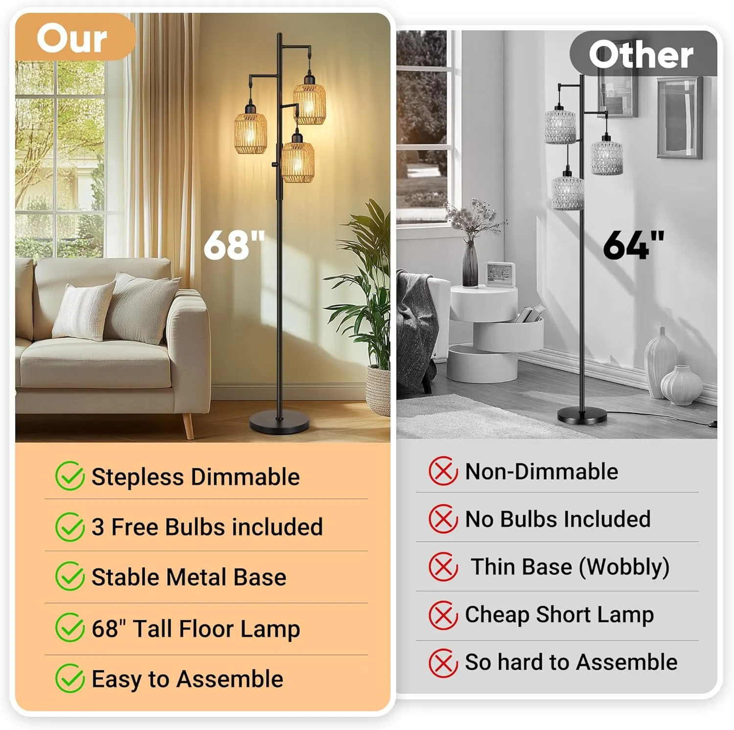 ROTTOGOON Dimmable Boho Floor Lamp - 3 Light Farmhouse Rattan Floor Lamp for Living Room, Industrial Tree Floor Lamps with 3 X 6W LED Bulbs, Rustic Standing Tall Lamp for Bedroom, Office, 68", Black