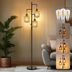 ROTTOGOON Dimmable Boho Floor Lamp - 3 Light Farmhouse Rattan Floor Lamp for Living Room, Industrial Tree Floor Lamps with 3 X 6W LED Bulbs, Rustic Standing Tall Lamp for Bedroom, Office, 68", Black