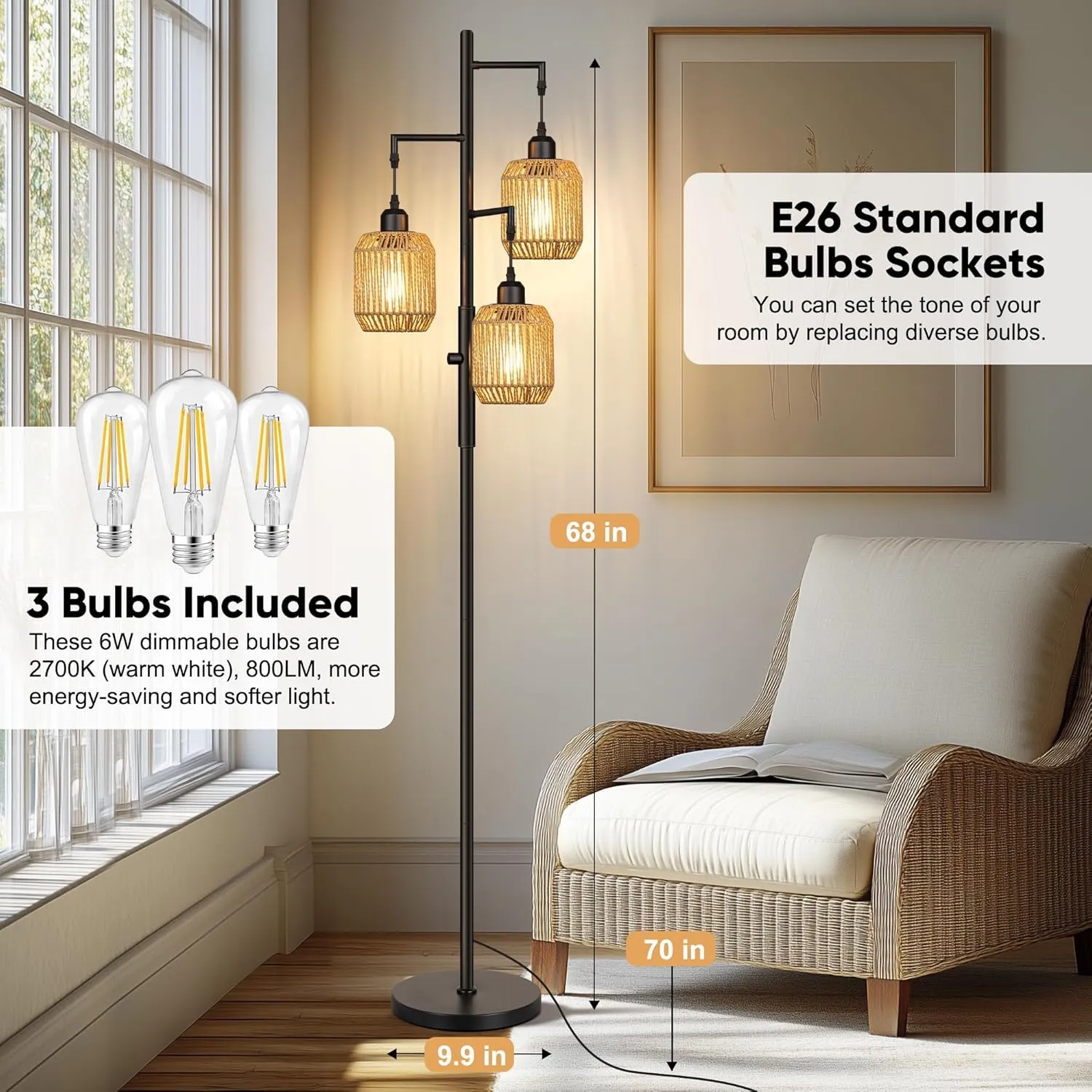 ROTTOGOON Dimmable Boho Floor Lamp - 3 Light Farmhouse Rattan Floor Lamp for Living Room, Industrial Tree Floor Lamps with 3 X 6W LED Bulbs, Rustic Standing Tall Lamp for Bedroom, Office, 68", Black