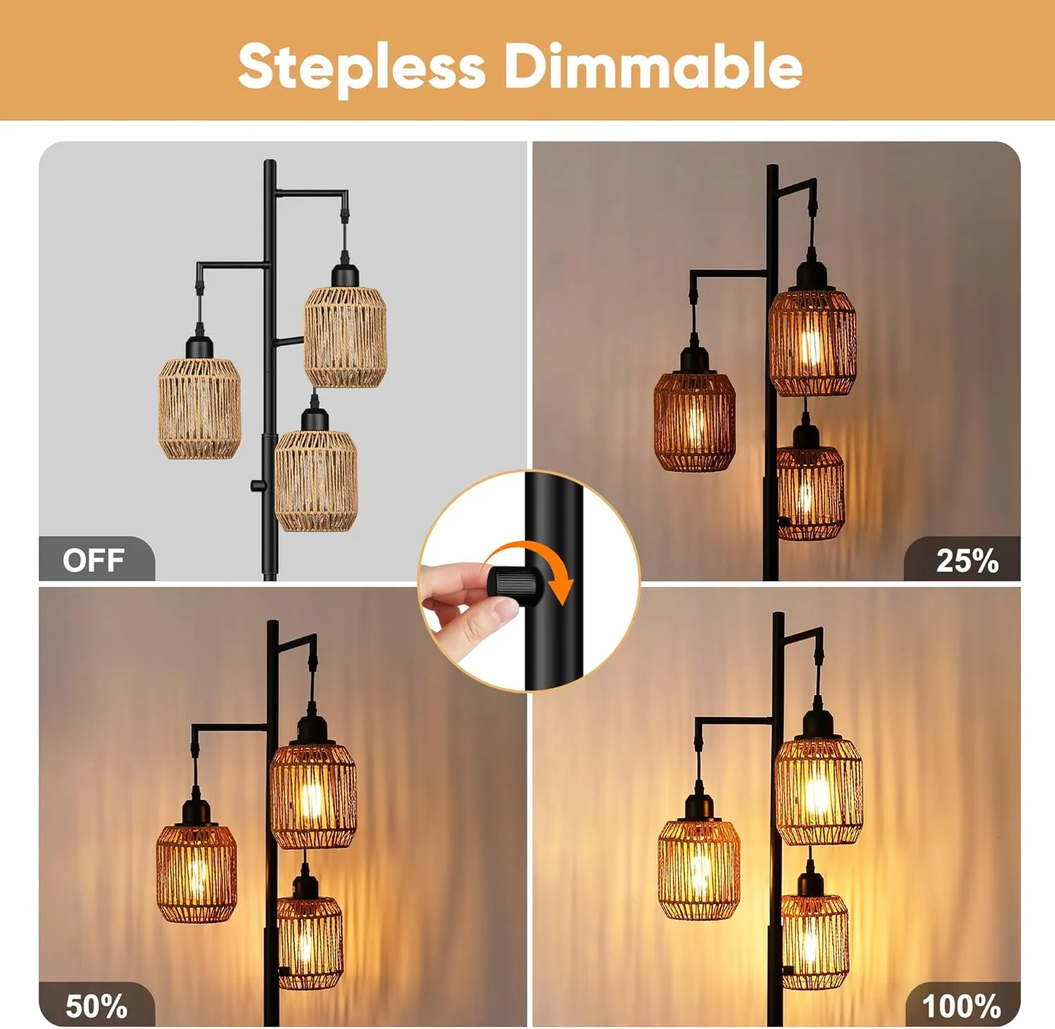 ROTTOGOON Dimmable Boho Floor Lamp - 3 Light Farmhouse Rattan Floor Lamp for Living Room, Industrial Tree Floor Lamps with 3 X 6W LED Bulbs, Rustic Standing Tall Lamp for Bedroom, Office, 68", Black