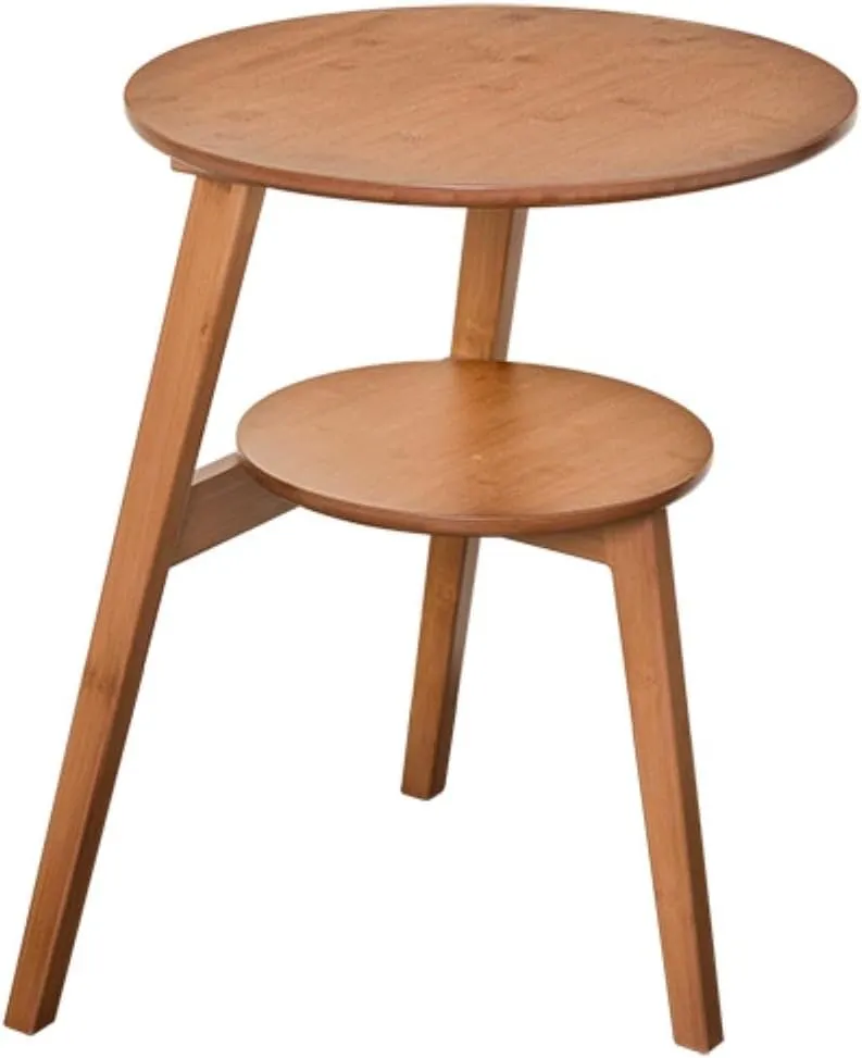 Round Bamboo Side Table with Bottom Shelf, Natural Brown (Diameter 15.5 inches Height 20 inches)