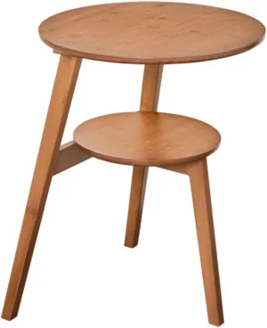 Round Bamboo Side Table with Bottom Shelf, Natural Brown (Diameter 15.5 inches Height 20 inches)