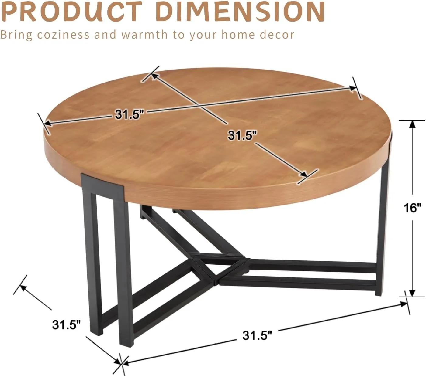 Round Wood Coffee Table Natural Wooden Coffee Table 31.5’’ Small Circle Coffee Table with Black Metal Legs Modern Tea Table for Living Room/Small Space, Honey Brown