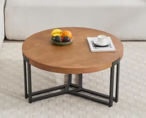 Round Wood Coffee Table Natural Wooden Coffee Table 31.5’’ Small Circle Coffee Table with Black Metal Legs Modern Tea Table for Living Room/Small Space, Honey Brown
