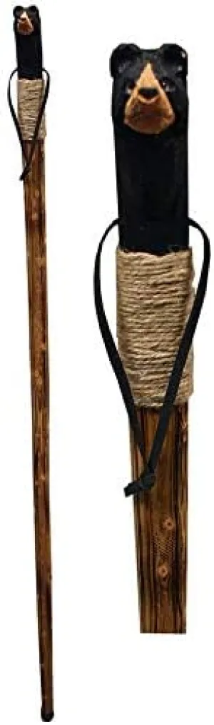 Rustic Axentz Wood Walking Trekking Hiking Pole Stick with Twine Grip, Rubber Tip, Wrist Strap, 46", Carved Bear