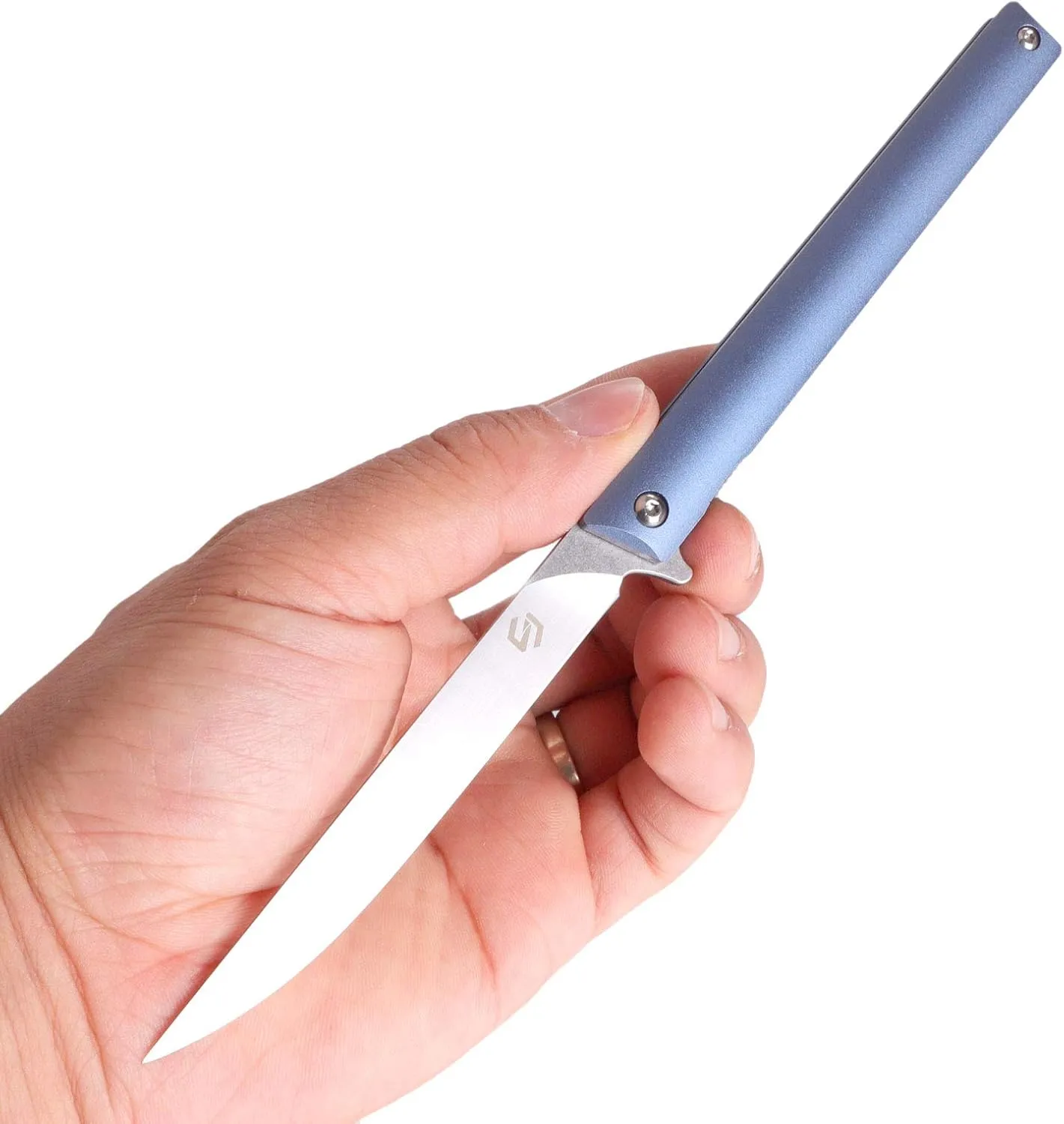 Samior GP035 Small Slim Folding Pocket Flipper Knife, 3.5 inches D2 Drop Point Blade, Aluminum Handle Liner lock, Titanium Pocket Clip Gentleman's EDC Knives, 1.4oz (Blue)