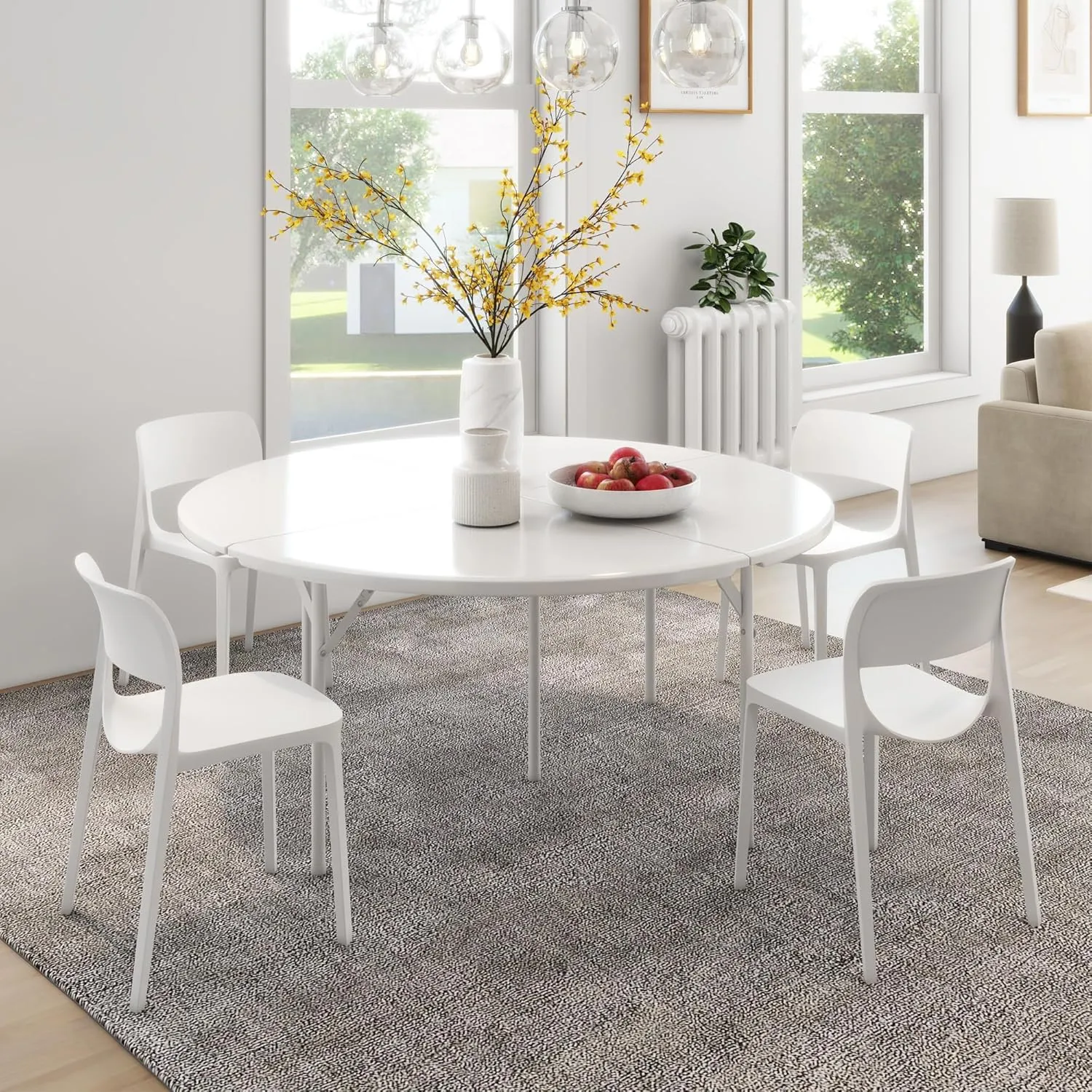Sandinrayli Round Folding Table, 66" Folding Dining Table with Bi-Fold Design, Portable Folding Table for Picnic, Camping, Card, Dinner, Event, Party, White