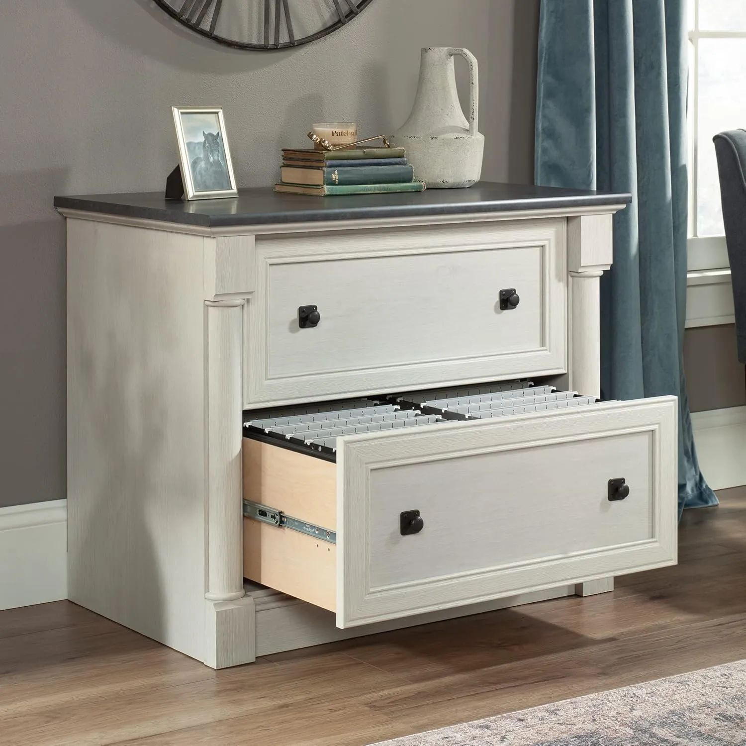 Sauder Palladia 2 Drawer File Cabinet, Lateral Filing Cabinets for Home Office, Hanging File Folders Organizer, Interlocking Drawers, in Glacier Oak Finish
