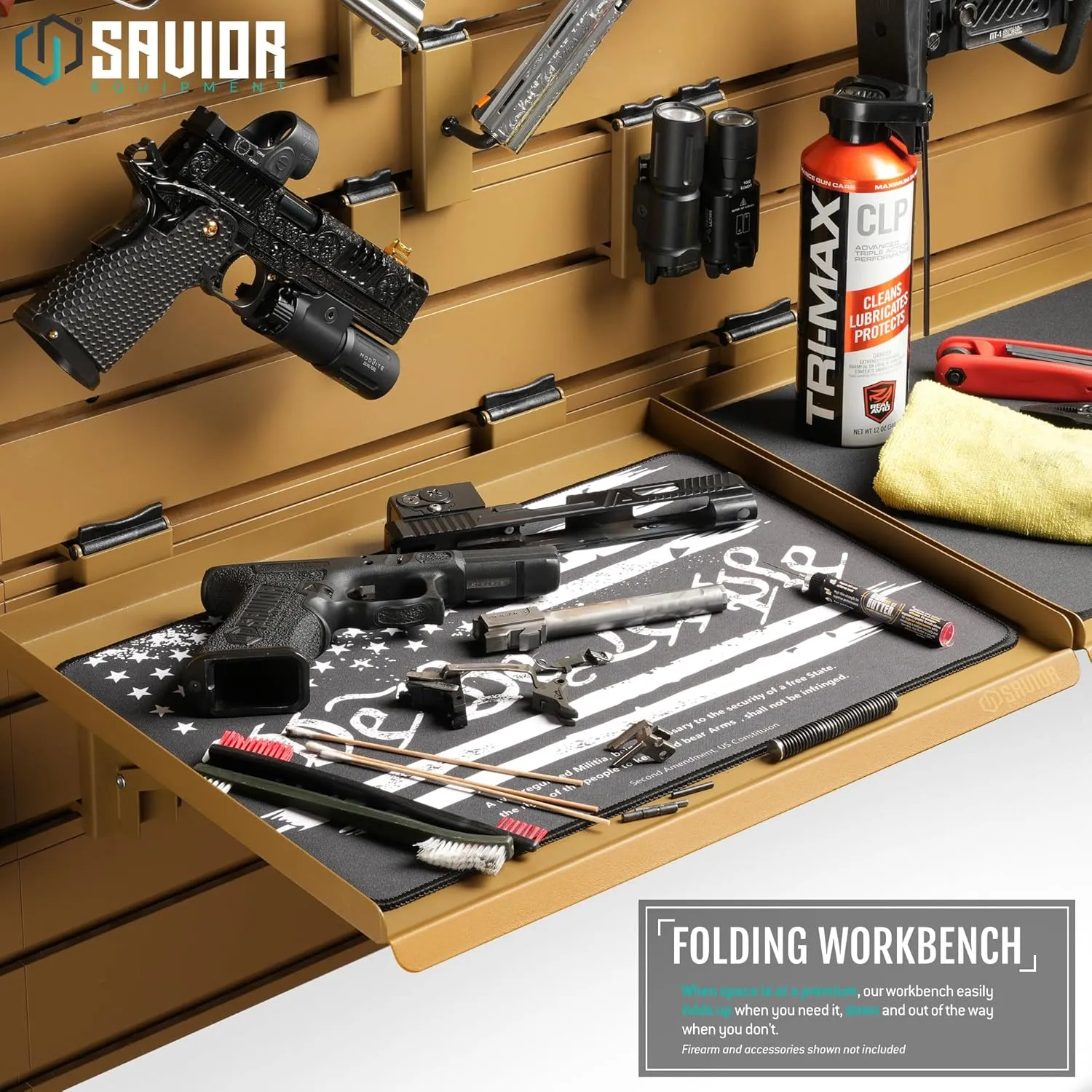Savior Equipment Wall Rack System Heavy-Duty Steel Folding Table Workbench Shelf Collapsible Wall Mount Hanger, Modular Firearms Gun Wall Gear Accessories Organizer