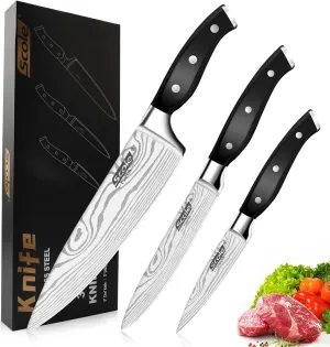 SCOLE® Chef Knife Ultra Sharp Kitchen Knife Set 3-Piece, Premium German 1.4116 Stainless Steel Chefs Knife Set, Ergonomic Handle Professional Knives Set for Kitchen with Gift Box