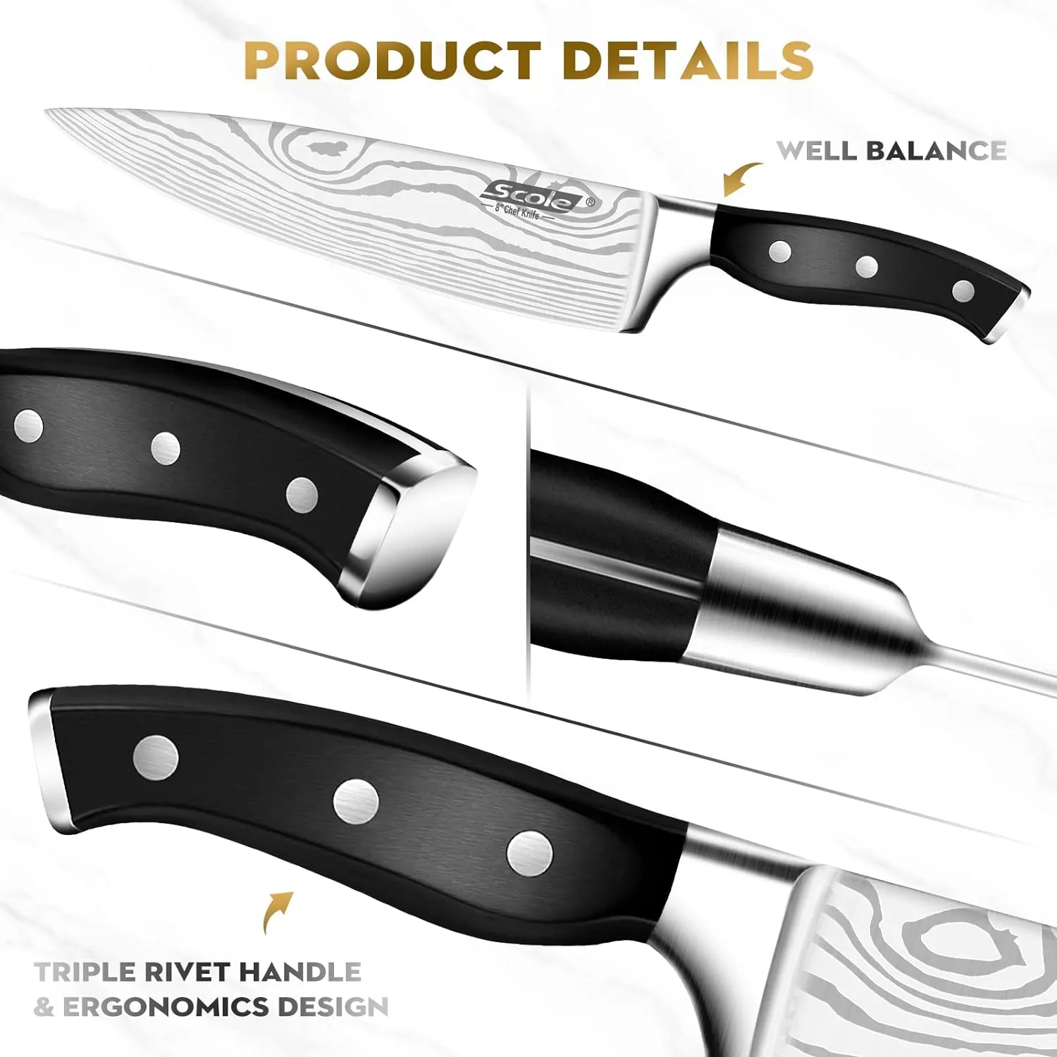 SCOLE® Chef Knife Ultra Sharp Kitchen Knife Set 3-Piece, Premium German 1.4116 Stainless Steel Chefs Knife Set, Ergonomic Handle Professional Knives Set for Kitchen with Gift Box