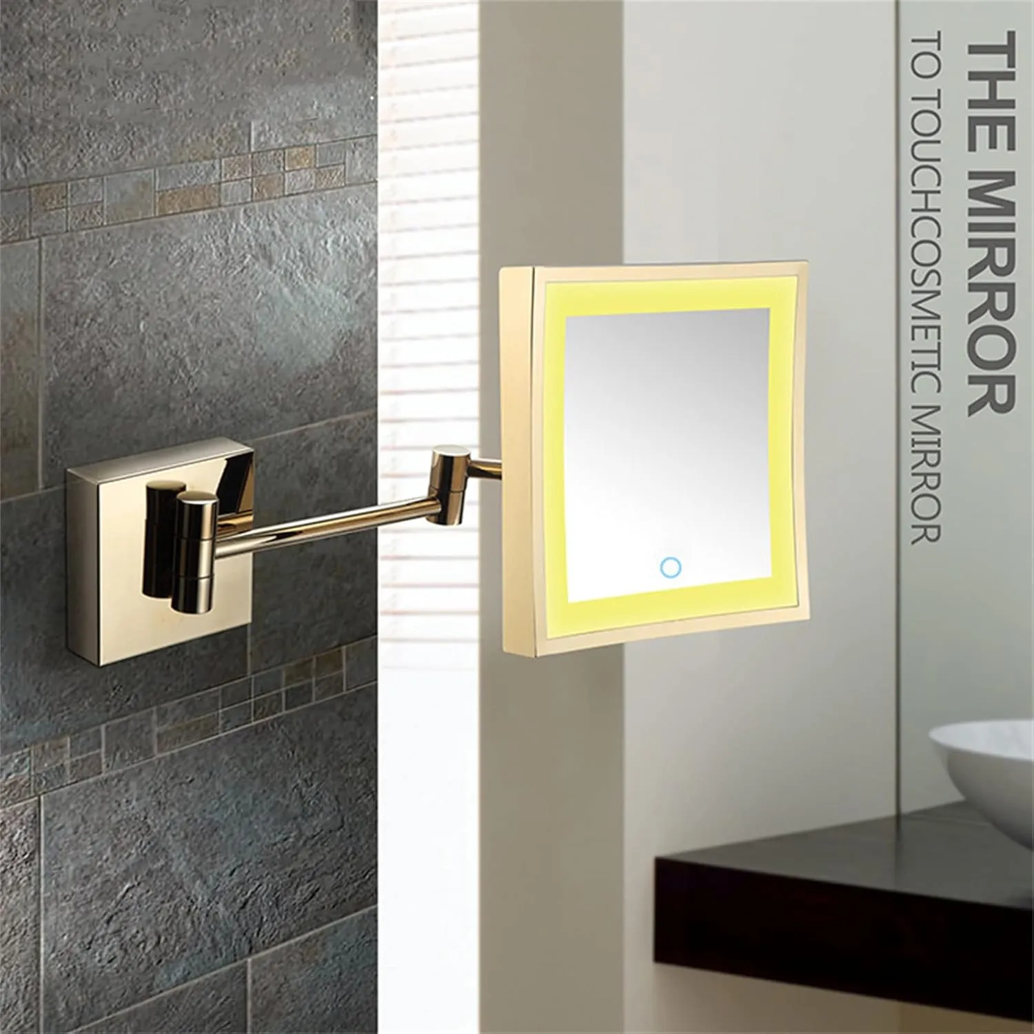 Screen Touch Dimming Makeup Mirror with Lights And 3X Magnification, Square LED Wall Mounted Bathroom Vanity Mirror, Rotable Extendable Shaving Mirror,Silver,USB