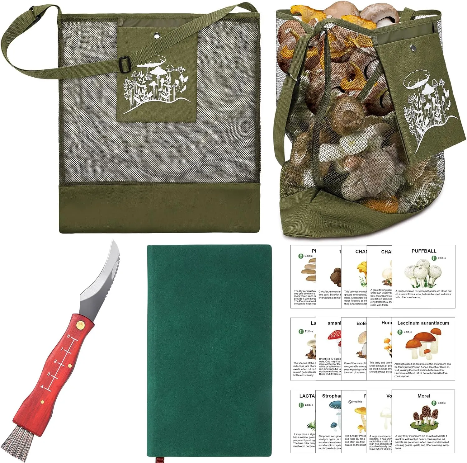 Seajan 18 Pcs Mushroom Foraging Kit Includes Hunting Bag, Mushroom Knife Brush Guide Cards and Notebook for Harvesting Mushroom(Army Green)