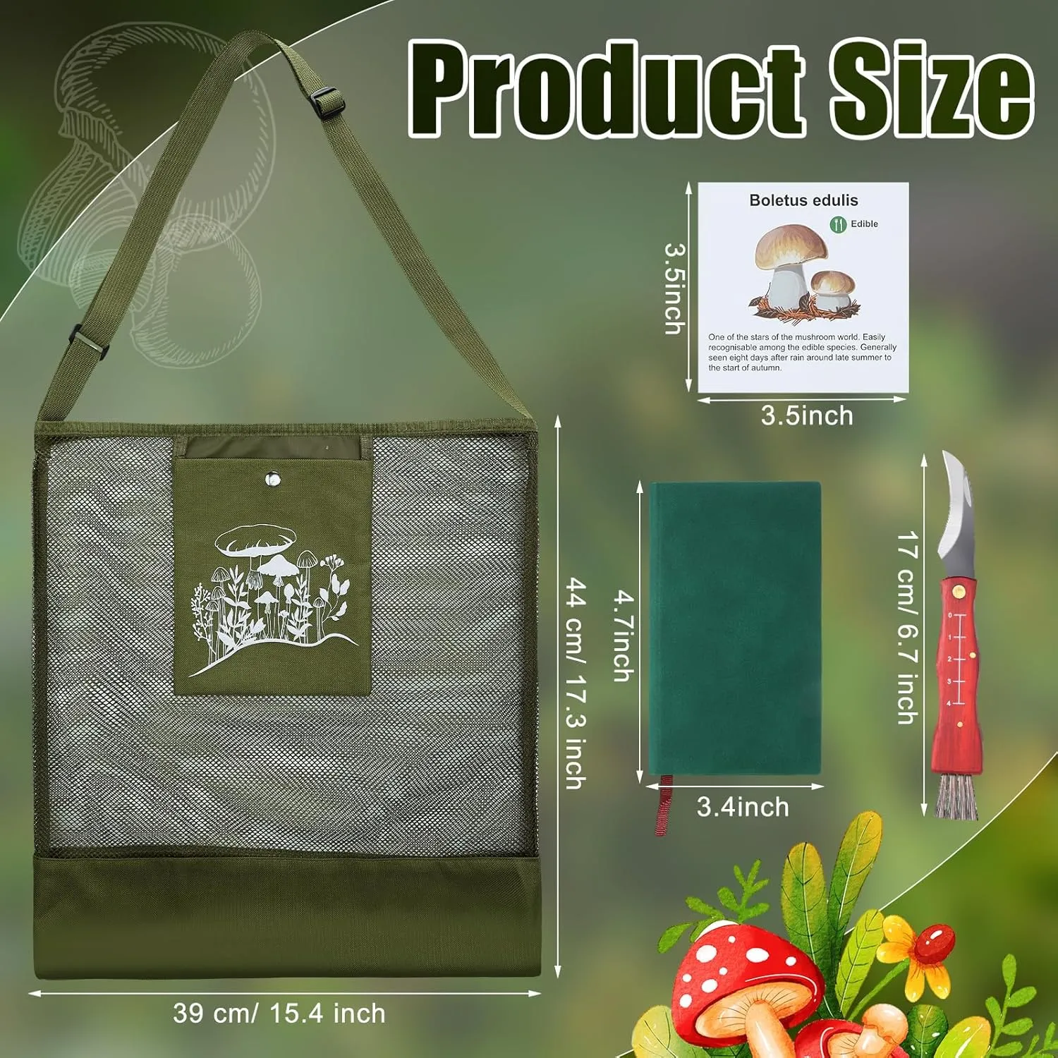 Seajan 18 Pcs Mushroom Foraging Kit Includes Hunting Bag, Mushroom Knife Brush Guide Cards and Notebook for Harvesting Mushroom(Army Green)