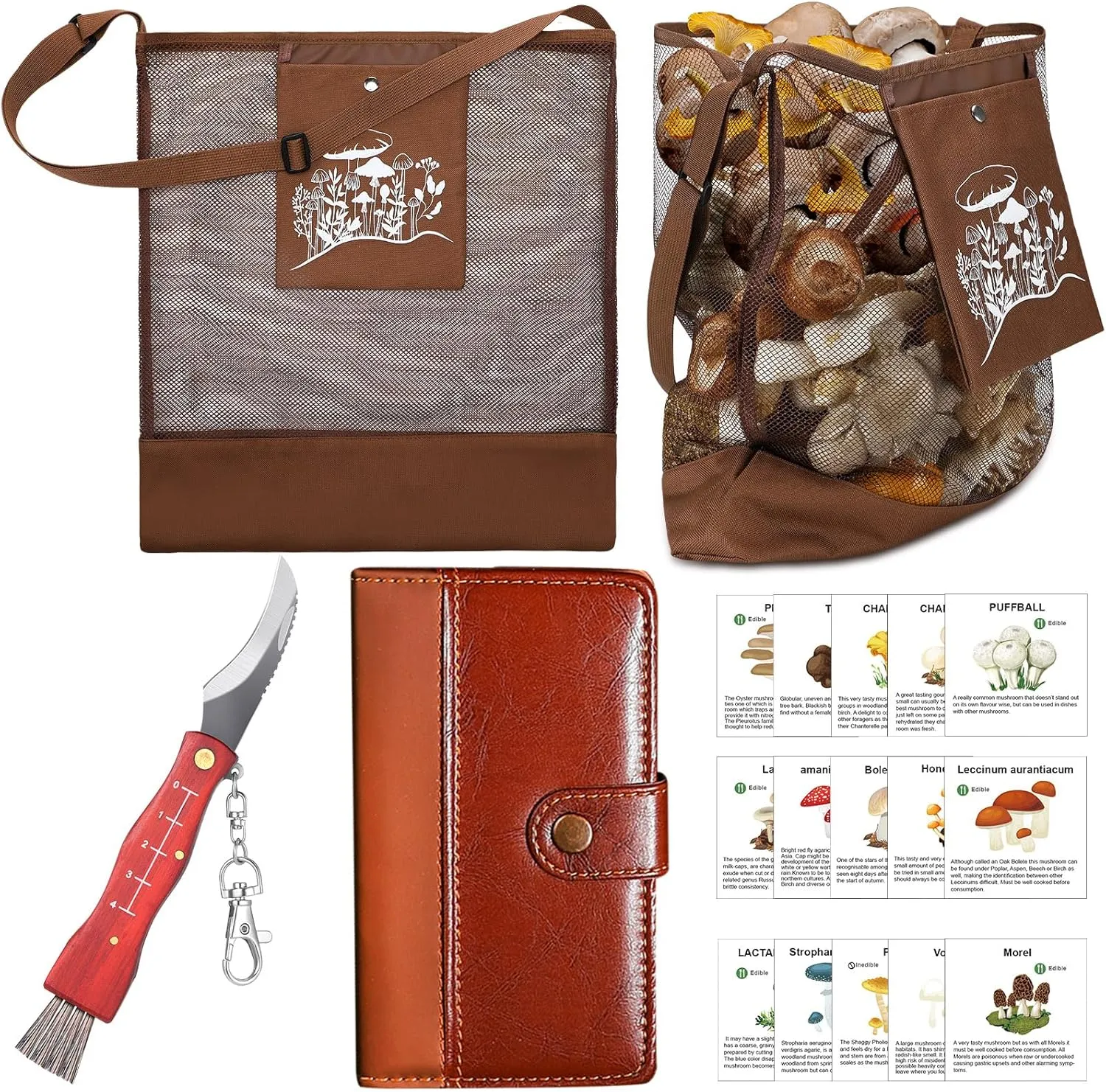 Seajan 18 Pcs Mushroom Foraging Kit Includes Hunting Bag, Mushroom Knife Brush Guide Cards and Notebook for Harvesting Mushroom(Brown)