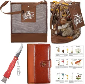 Seajan 18 Pcs Mushroom Foraging Kit Includes Hunting Bag, Mushroom Knife Brush Guide Cards and Notebook for Harvesting Mushroom(Brown)