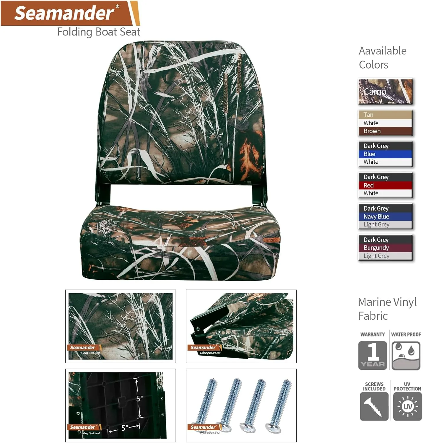 Seamander Seamander Low Back Boat Seats, Folding Boat Seats With Stainless Steel Screws,Aluminum Hinges&Padded,Fishing Boat Seat, Multiple Color Options (2-Pack)