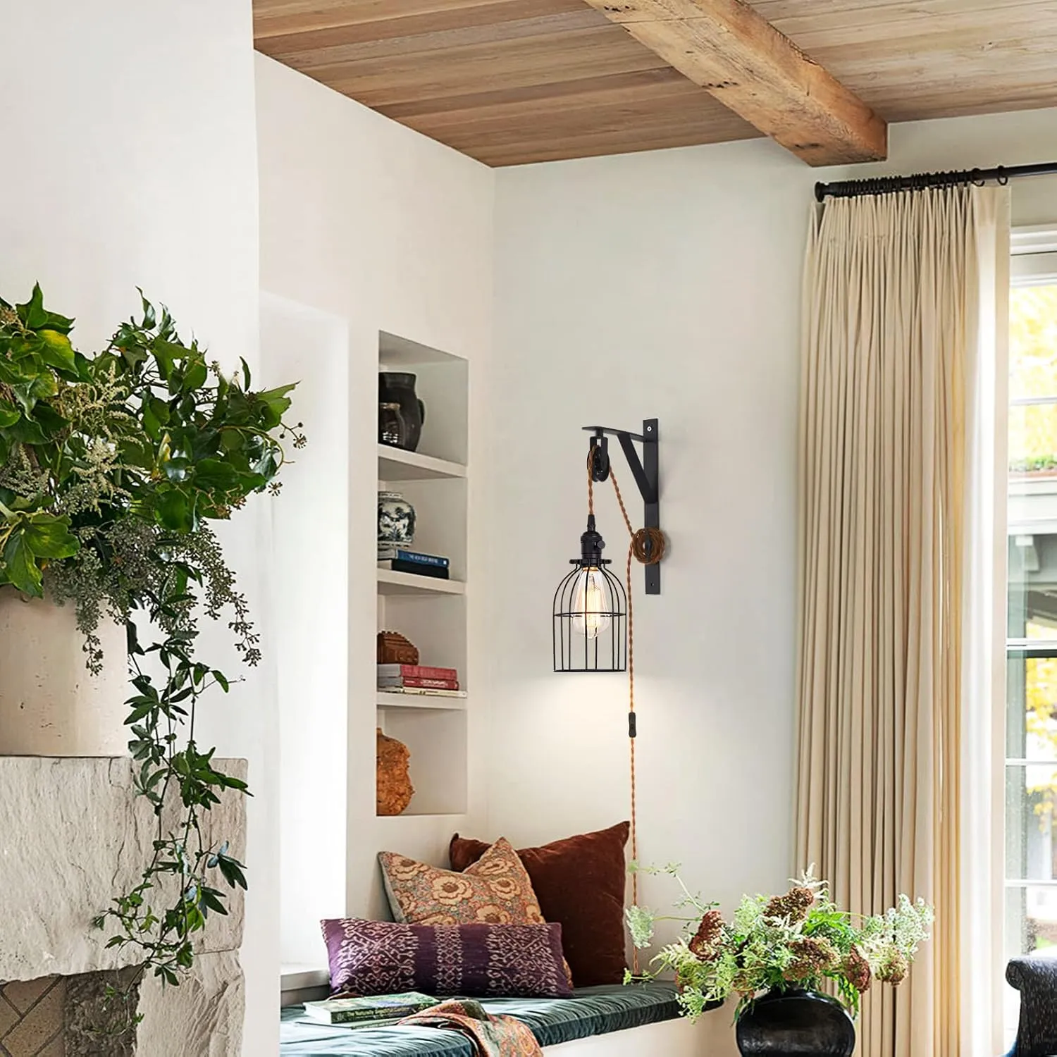 SEEBLEN Plug in Pendant Light Set of 2, Farmhouse Pulley Wall Lamp with 7-Foot Brown Plug in Cord & Switch, Industrial Hanging Lamps That Plug into Wall Outlet, Plug in Wall Sconces for Bedroom.