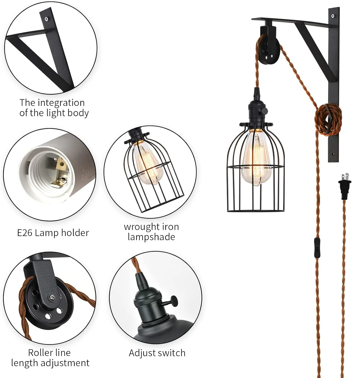 SEEBLEN Plug in Pendant Light Set of 2, Farmhouse Pulley Wall Lamp with 7-Foot Brown Plug in Cord & Switch, Industrial Hanging Lamps That Plug into Wall Outlet, Plug in Wall Sconces for Bedroom.