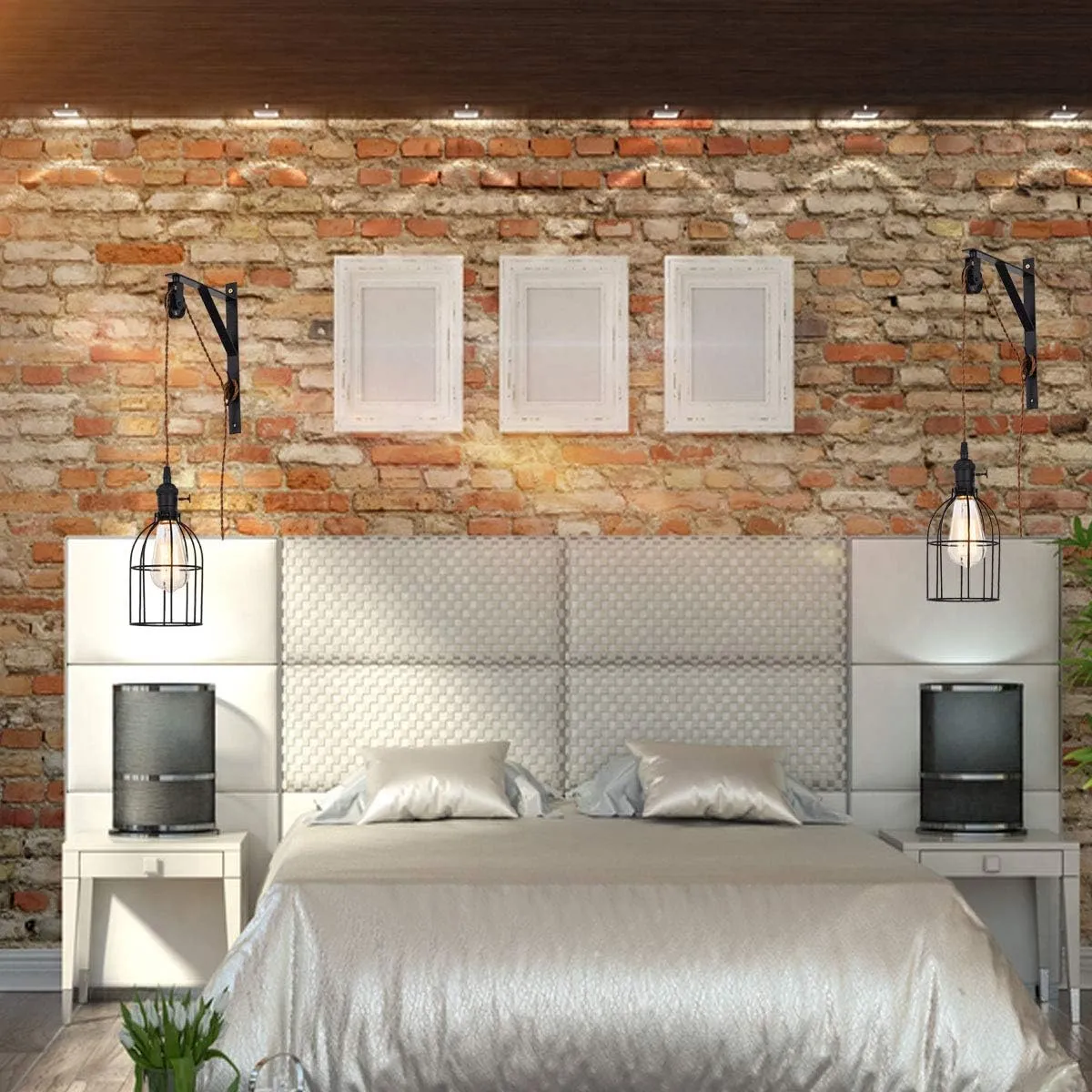 SEEBLEN Plug in Pendant Light Set of 2, Farmhouse Pulley Wall Lamp with 7-Foot Brown Plug in Cord & Switch, Industrial Hanging Lamps That Plug into Wall Outlet, Plug in Wall Sconces for Bedroom.