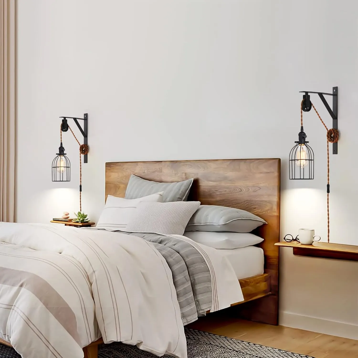SEEBLEN Plug in Pendant Light Set of 2, Farmhouse Pulley Wall Lamp with 7-Foot Brown Plug in Cord & Switch, Industrial Hanging Lamps That Plug into Wall Outlet, Plug in Wall Sconces for Bedroom.