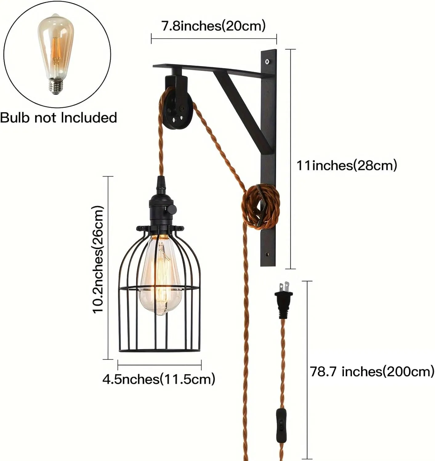 SEEBLEN Plug in Pendant Light Set of 2, Farmhouse Pulley Wall Lamp with 7-Foot Brown Plug in Cord & Switch, Industrial Hanging Lamps That Plug into Wall Outlet, Plug in Wall Sconces for Bedroom.