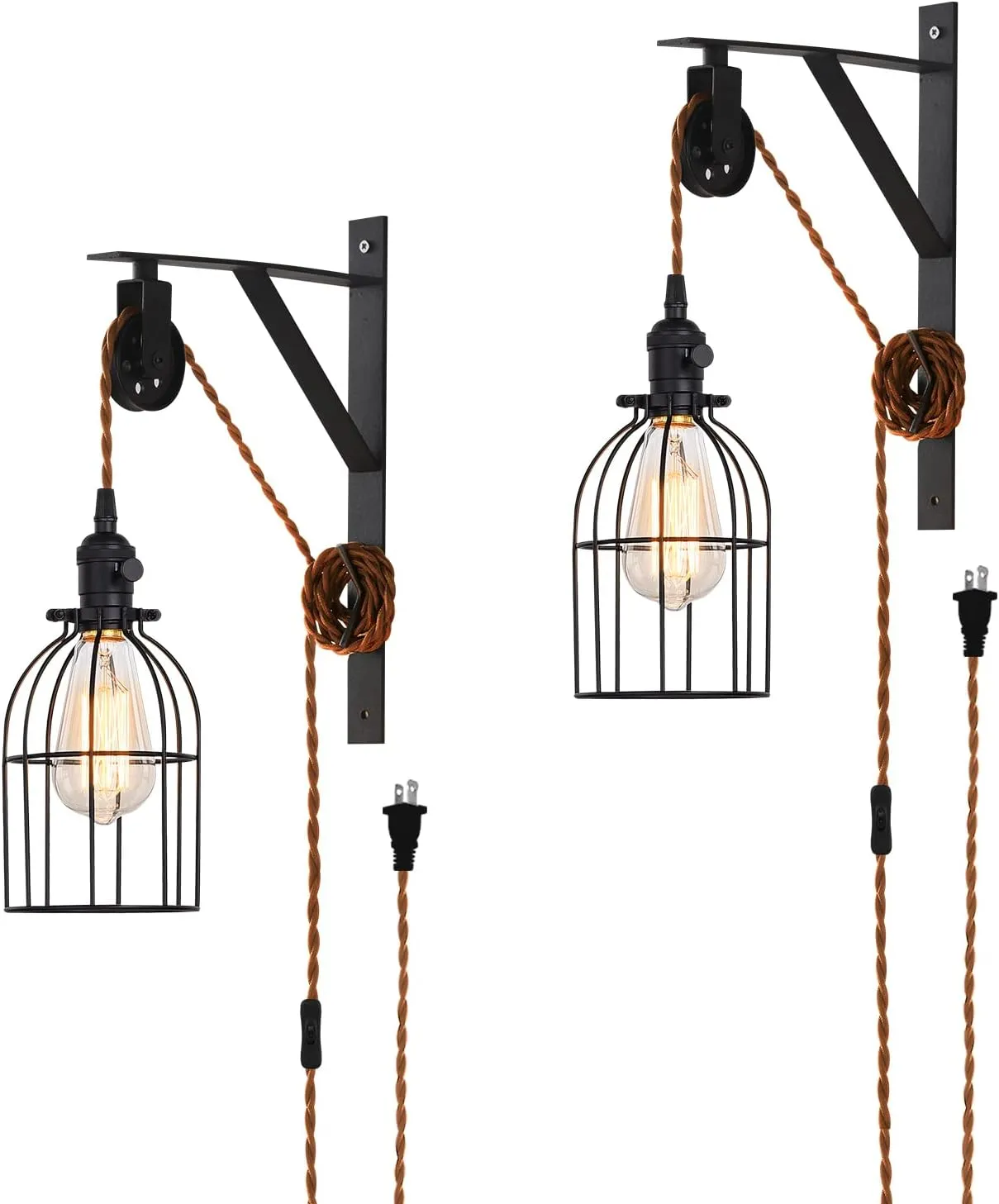 SEEBLEN Plug in Pendant Light Set of 2, Farmhouse Pulley Wall Lamp with 7-Foot Brown Plug in Cord & Switch, Industrial Hanging Lamps That Plug into Wall Outlet, Plug in Wall Sconces for Bedroom.