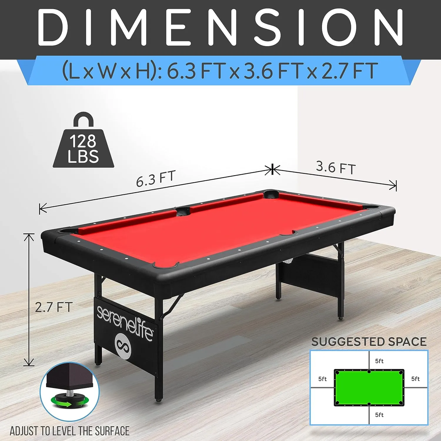 SereneLife 6-Ft Folding Pool Table - Best in Stability - Steel Frame, Fully Supported Slate, Welded Leg Supports with Safety Anti Collapse Locks, 128LB Heavy Duty Billiard Game and Accessory Set