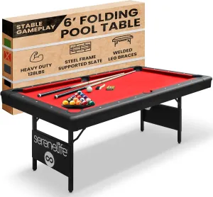 SereneLife 6-Ft Folding Pool Table - Best in Stability - Steel Frame, Fully Supported Slate, Welded Leg Supports with Safety Anti Collapse Locks, 128LB Heavy Duty Billiard Game and Accessory Set
