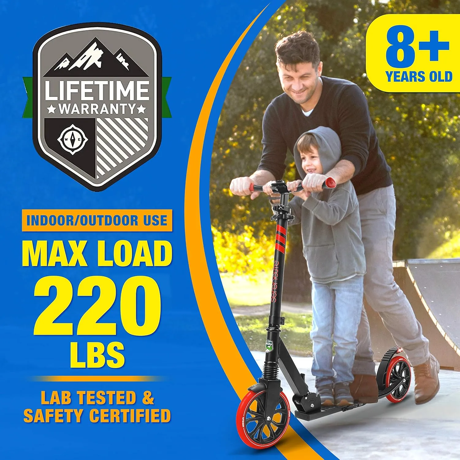 SereneLife Kick Scooter Adult Teenagers Kids- 2 Wheel Kids Scooter with Adjustable T-Bar Handlebar - Alloy Anti-Slip Deck - Portable Folding Scooters for Kids with Carrying Strap