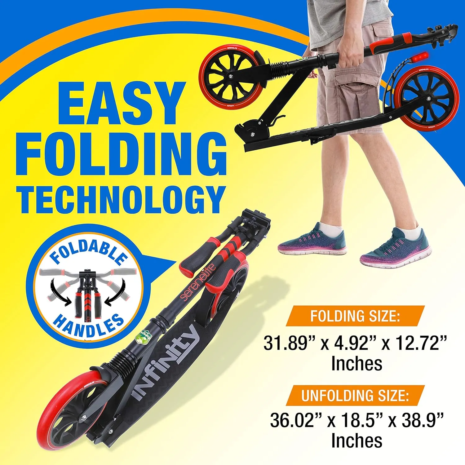 SereneLife Kick Scooter Adult Teenagers Kids- 2 Wheel Kids Scooter with Adjustable T-Bar Handlebar - Alloy Anti-Slip Deck - Portable Folding Scooters for Kids with Carrying Strap
