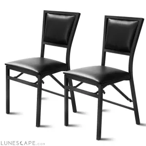 Set of 2 - Modern Black Metal Folding Dining Chairs with PU Leather