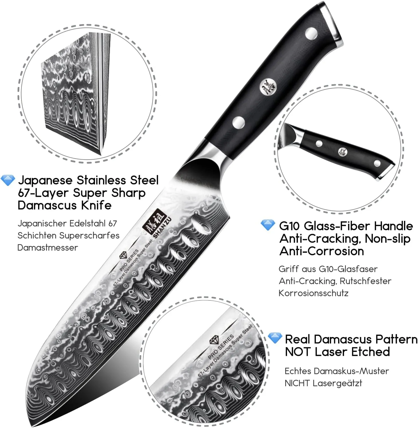 SHAN ZU Chef Knife, Kitchen Knife Santoku Chef's Knife 7 Inch Multifunction Kitchen Knives Damascus Stainless Steel & Ergonomic Fiberglass G10 Handle Best Sharp High-Carbon Knives