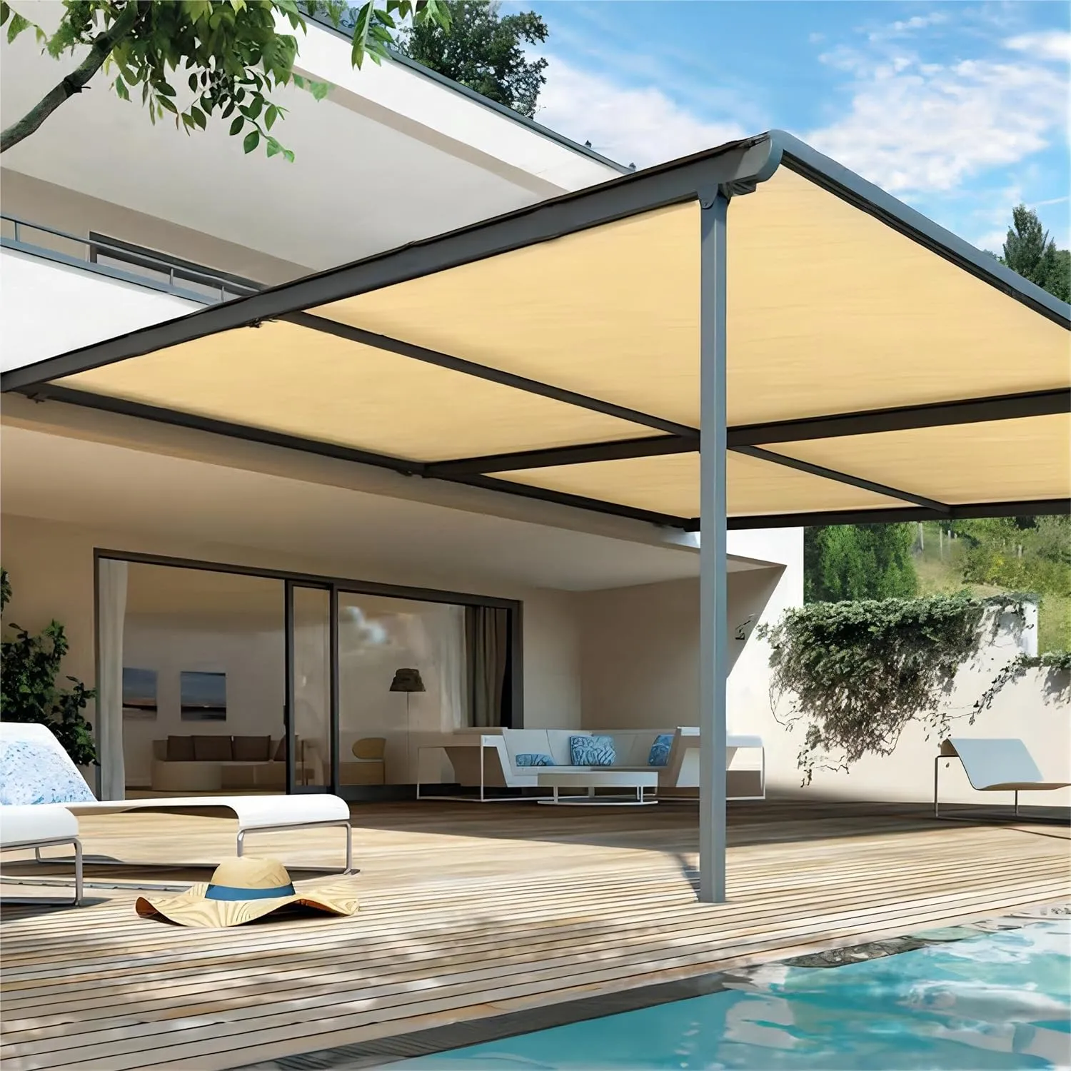 Shatex 90% Sun Shades for Patios 10x 20ft Shade Fabric Sun Shade Cloth Taped Edge with Grommets Sun-Block Mesh Shade for Pergola Cover Canopy Wheat, 12 Bungee Balls