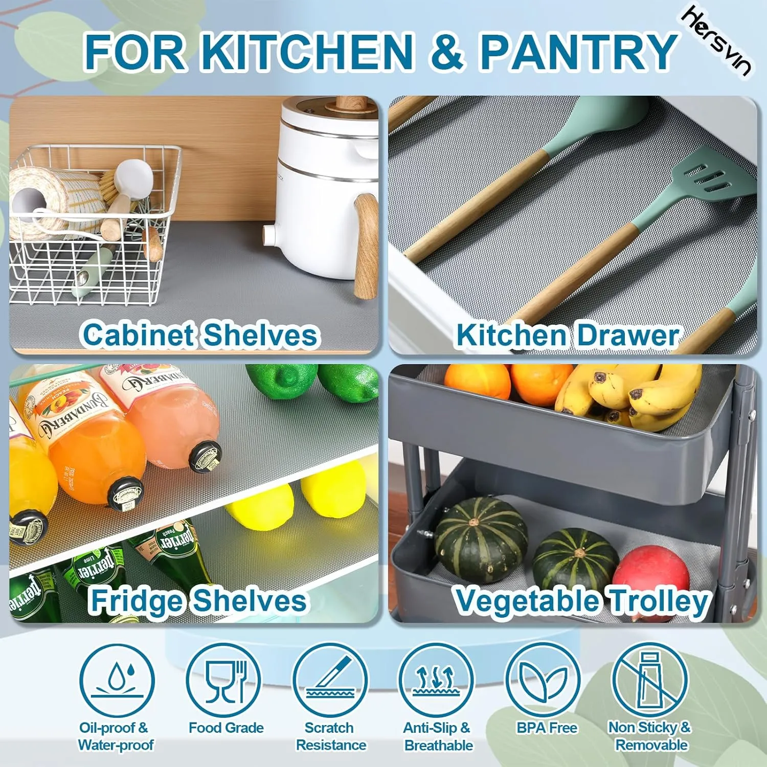 Shelf Liners, 23.6 in x16.4 ft EVA Non-Slip Drawer Mats Non-Adhesive Cupboard Pad Kitchen Cabinet Lining Fridge Cushion for Home Office (Gray/Diamond, 60x500cm)