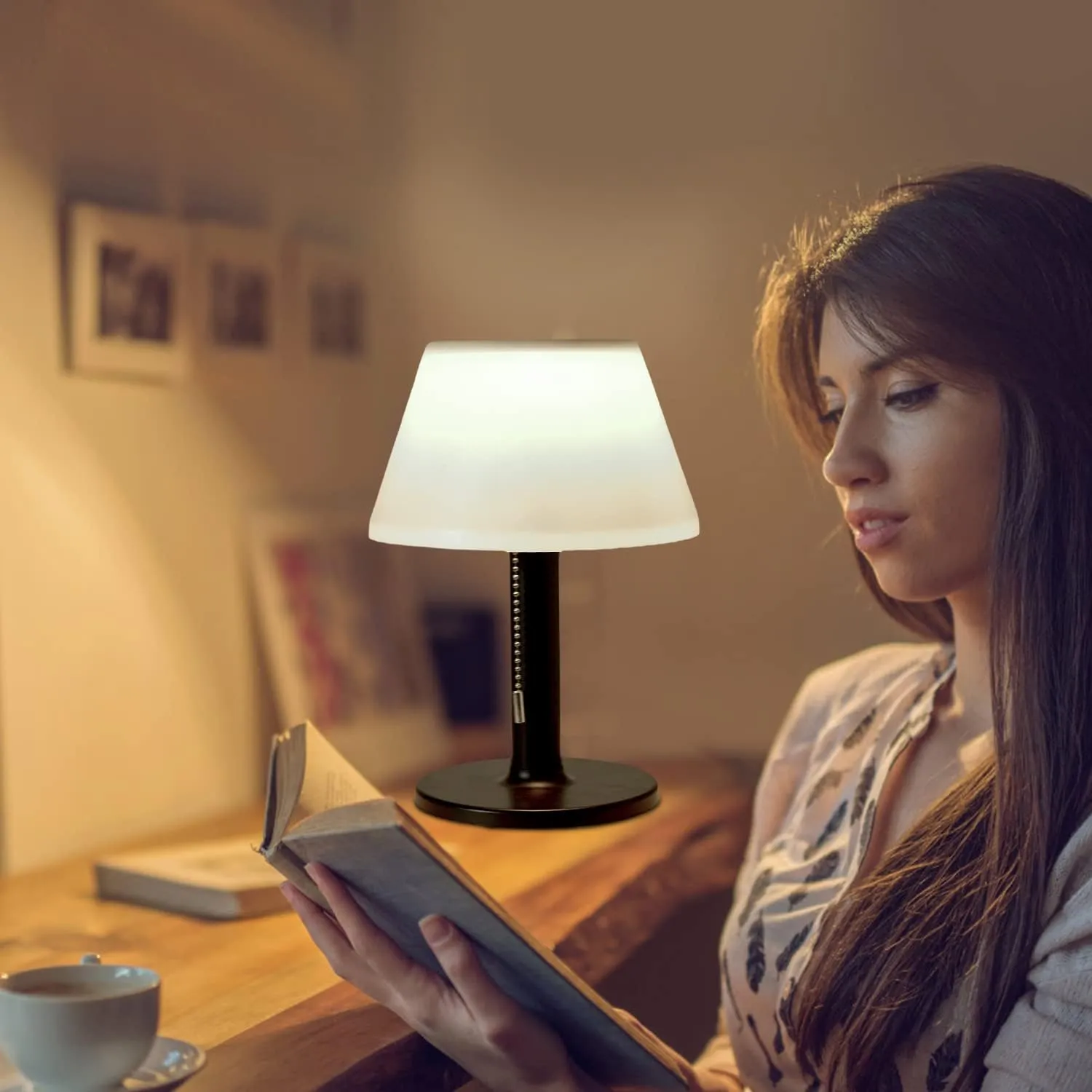 shumi LED Solar Table Lamp Outdoor Waterproof-3 Way Dimmable Outside Patio Table lamp,Modern Bedsid Lamp,Cordless Solar Desk Lamp with Pull Chain for Bedroom Living Room,Garden(Black)