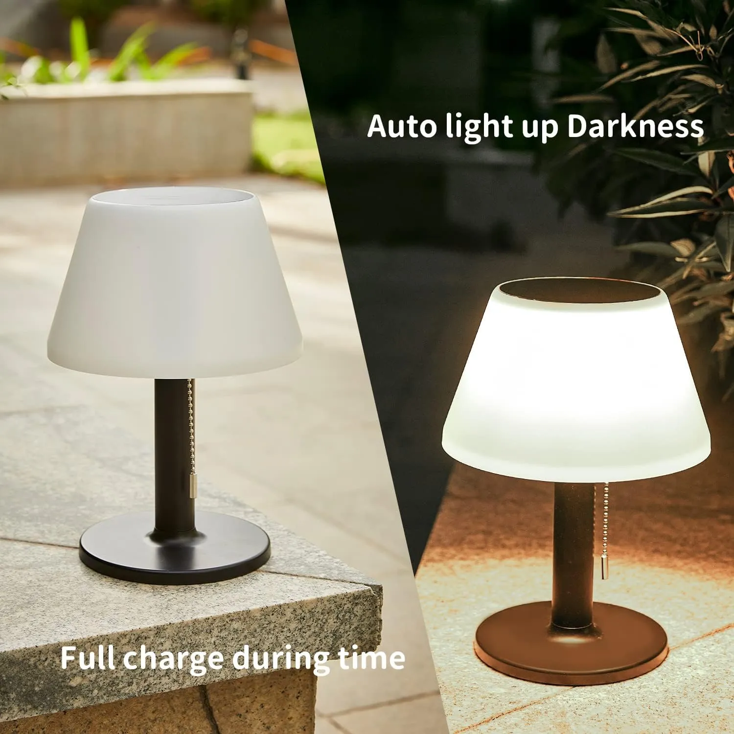 shumi LED Solar Table Lamp Outdoor Waterproof-3 Way Dimmable Outside Patio Table lamp,Modern Bedsid Lamp,Cordless Solar Desk Lamp with Pull Chain for Bedroom Living Room,Garden(Black)