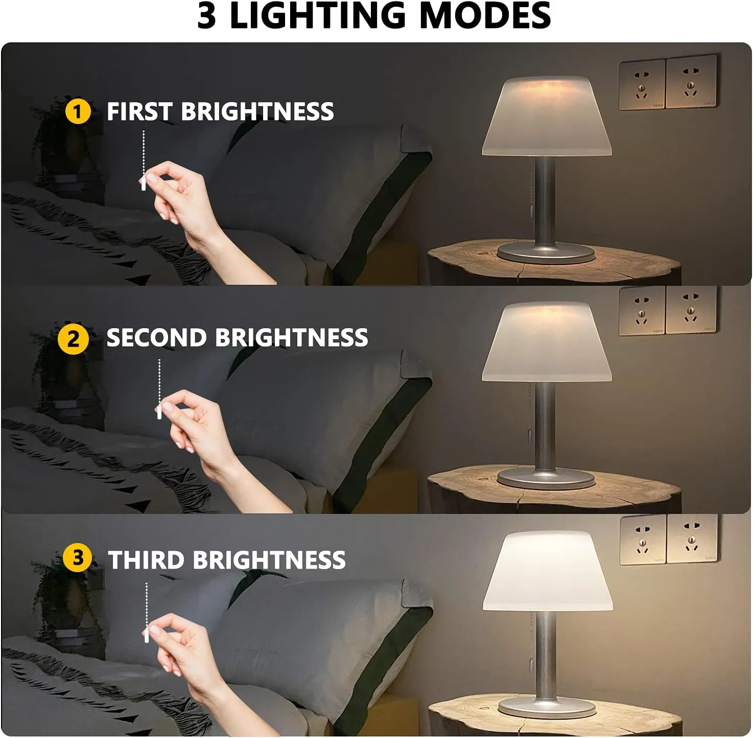 shumi LED Solar Table Lamp Outdoor Waterproof-3 Way Dimmable Outside Patio Table lamp,Solar Modern Bedsid Lamp,Cordless Solar Desk Lamp with Pull Chain for Bedroom Living Room,Kids Room,Garden
