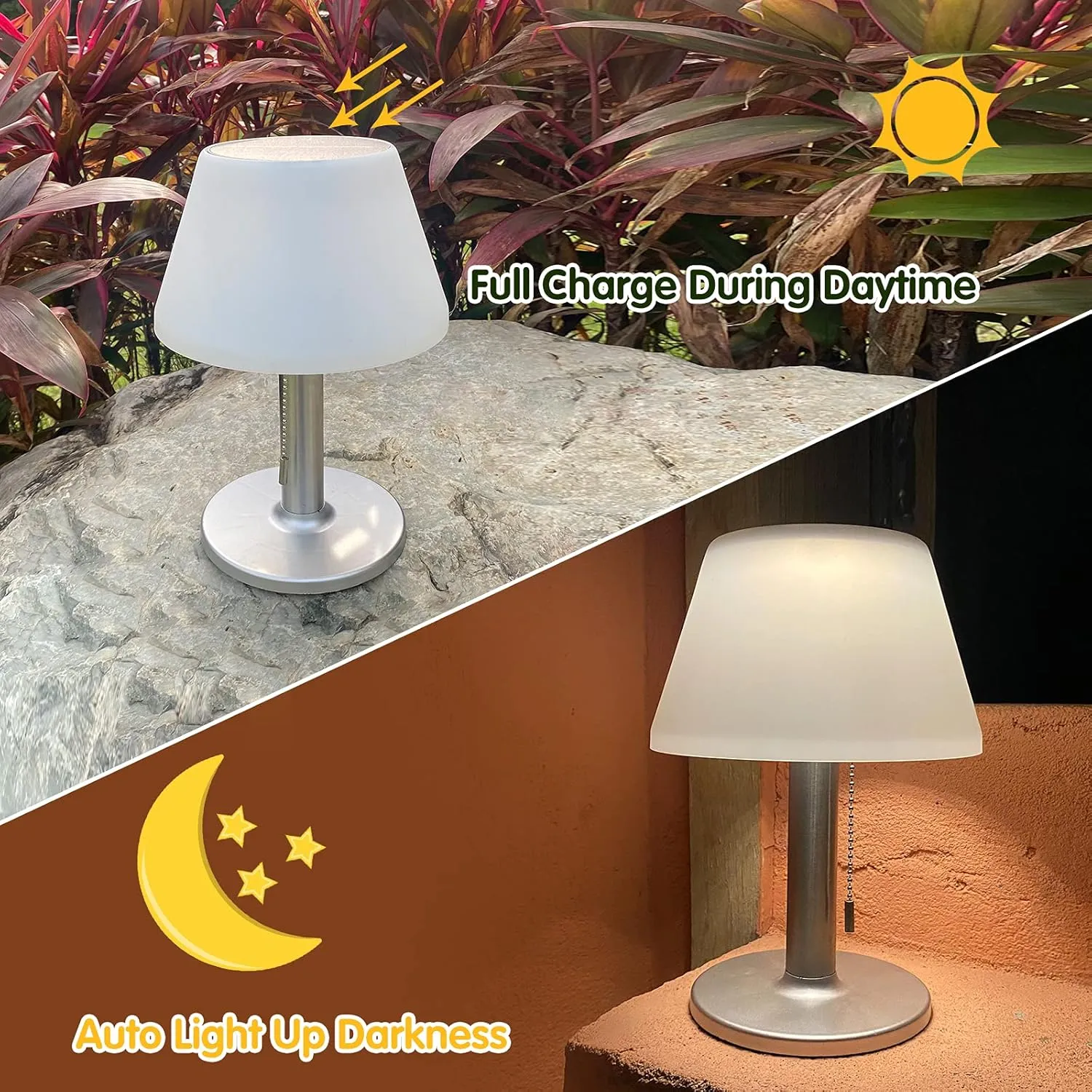 shumi LED Solar Table Lamp Outdoor Waterproof-3 Way Dimmable Outside Patio Table lamp,Solar Modern Bedsid Lamp,Cordless Solar Desk Lamp with Pull Chain for Bedroom Living Room,Kids Room,Garden