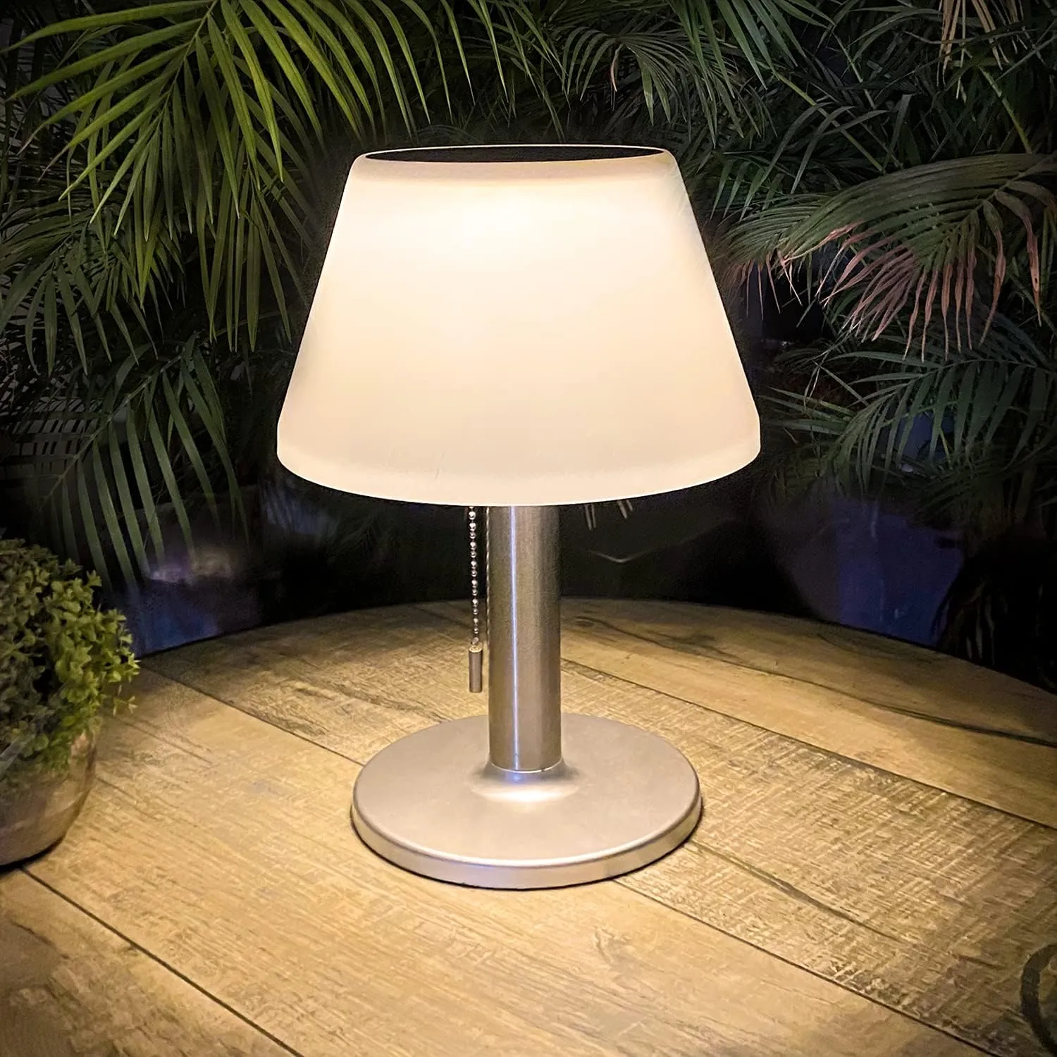 shumi Solar Table Lamp Outdoor Indoor - 3 Lighting Modes, Eye-Caring LED Waterproof Cordless Solar Desk Lamp with Pull Chain for Outside Patio Garden Bedroom Living Room(White Modern Decor)