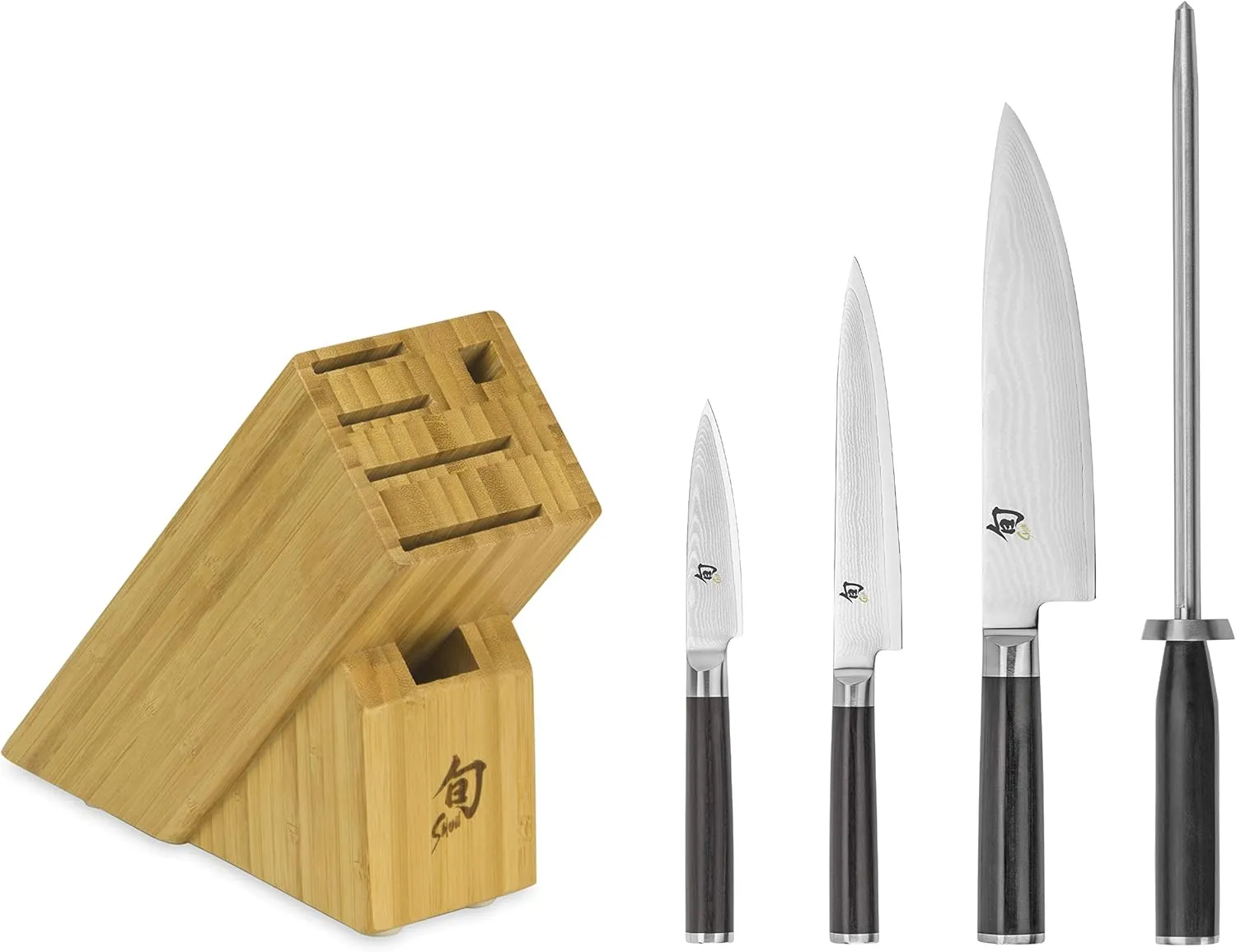 Shun Classic 5 Piece Slimline Block Set, Includes 8" Chef, 3.5" Paring & 6" Utility Knives, Handcrafted Japanese Knife Block Set, Damascus Stainless Steel Cladding, Pakkawood Handle