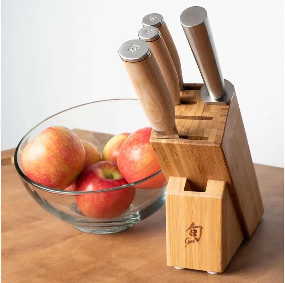 Shun Premier Blonde 5 Piece Starter Block Set, Includes 8" Chef, 4" Paring, 6.5" Utility Knives, Honing Steel & Bamboo Knife Block, Handcrafted Japanese Knife Set, Pakkawood Handles