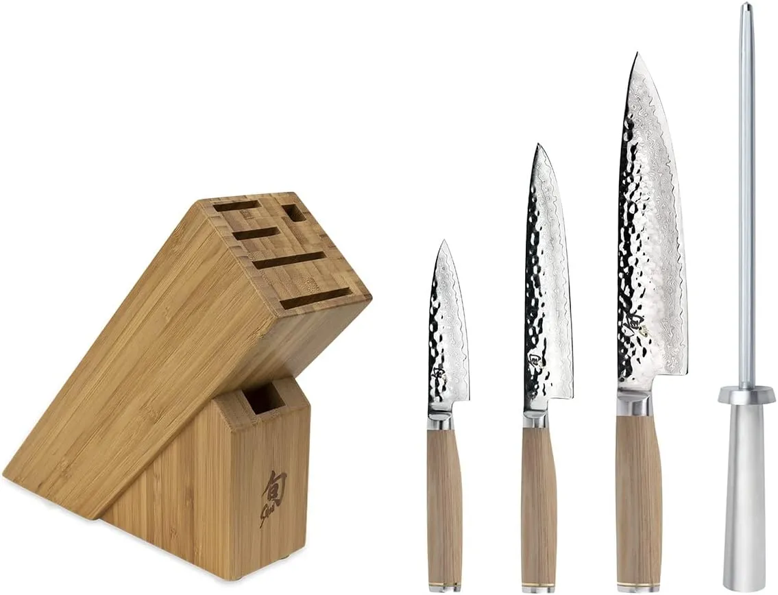 Shun Premier Blonde 5 Piece Starter Block Set, Includes 8" Chef, 4" Paring, 6.5" Utility Knives, Honing Steel & Bamboo Knife Block, Handcrafted Japanese Knife Set, Pakkawood Handles