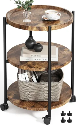 Side Tables Living Room, 3-Tier Modern End Table with Wheels, Small Side Table Nightstand Bedside Table for Living Room, Bedroom, or Small Spaces-Rust Brown