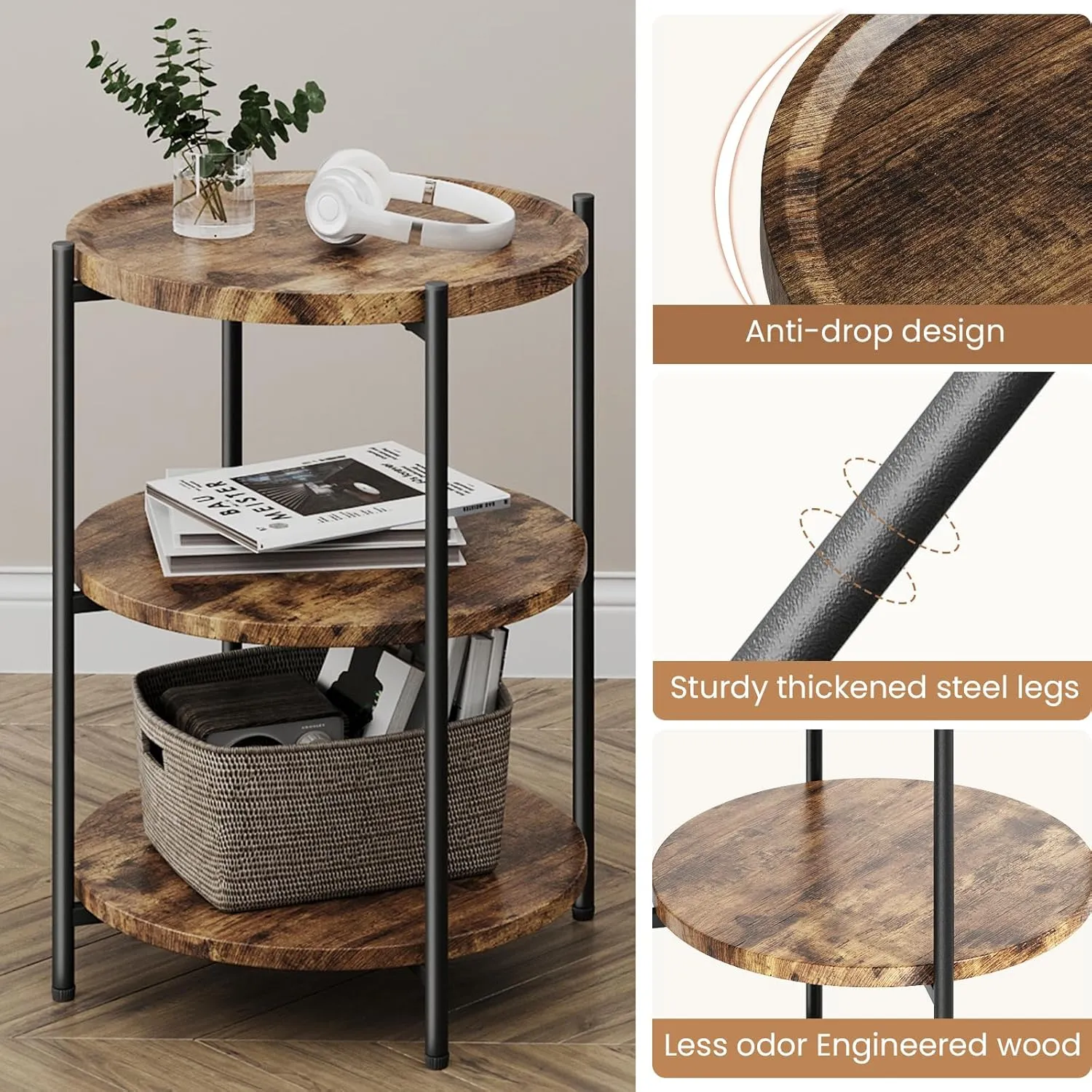 Side Tables Living Room, 3-Tier Modern End Table with Wheels, Small Side Table Nightstand Bedside Table for Living Room, Bedroom, or Small Spaces-Rust Brown