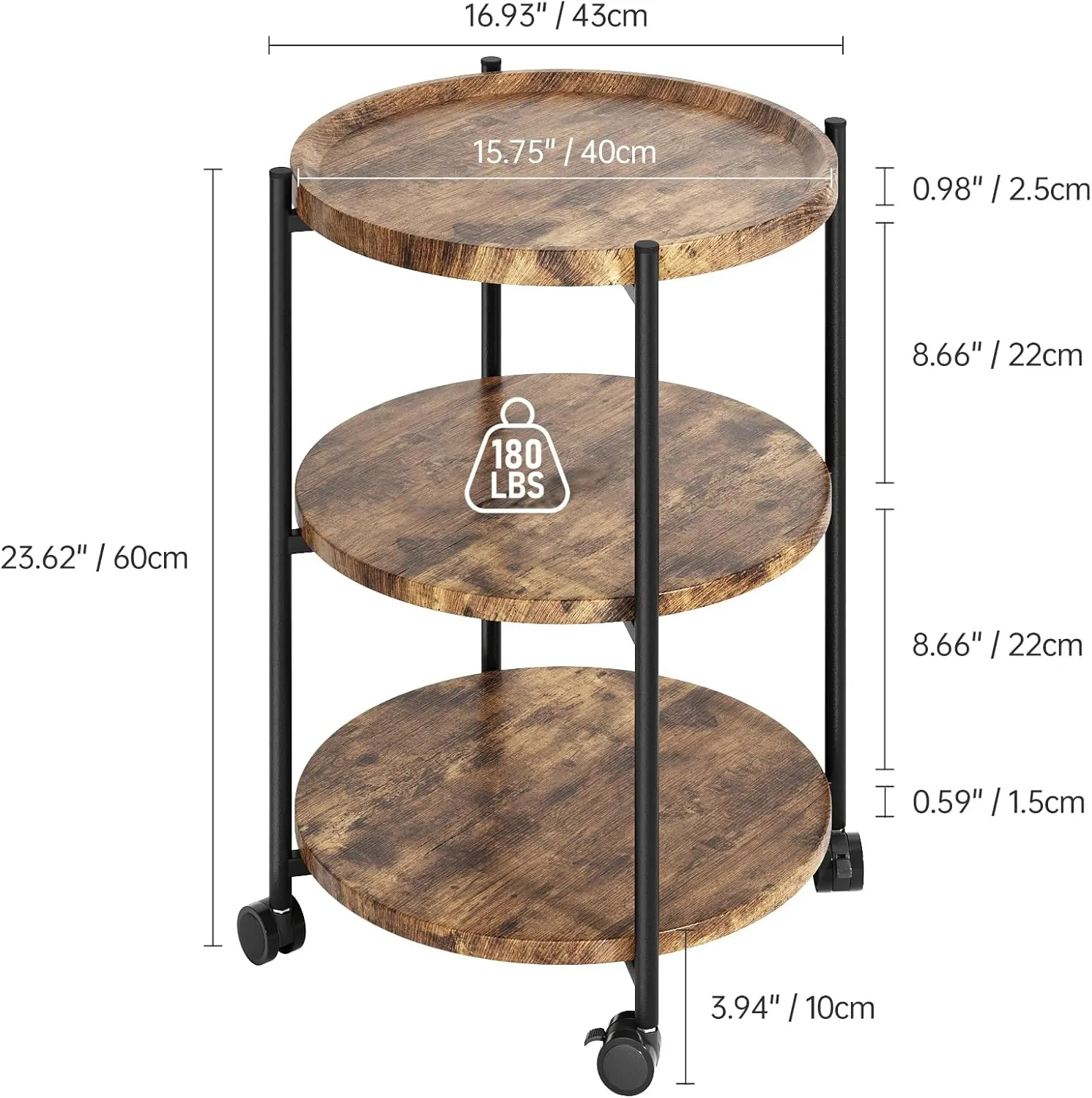 Side Tables Living Room, 3-Tier Modern End Table with Wheels, Small Side Table Nightstand Bedside Table for Living Room, Bedroom, or Small Spaces-Rust Brown