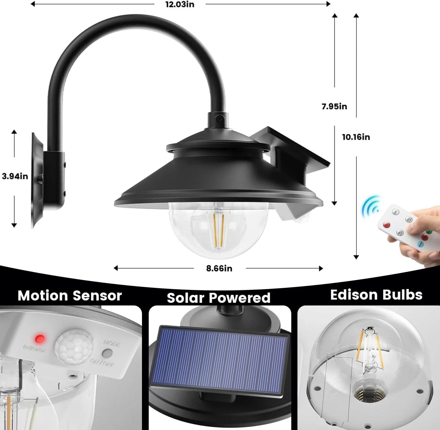SIEDiNLAR Solar Barn Light Outdoor 3 Modes 2 Lighting, Garage Shed Light Gooseneck Farmhouse Wall Light Waterproof with Remote/Motion Sensor for Garage Barn Shed Porch Chicken Coop Black (2 Pack)