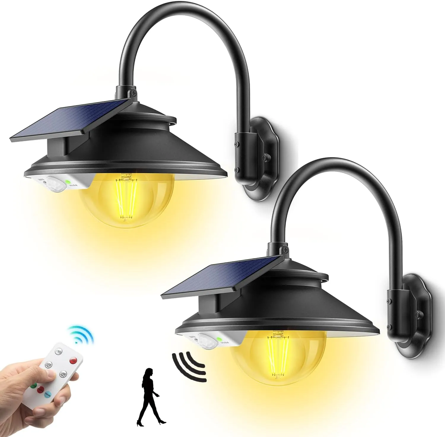 SIEDiNLAR Solar Barn Light Outdoor 3 Modes 2 Lighting, Garage Shed Light Gooseneck Farmhouse Wall Light Waterproof with Remote/Motion Sensor for Garage Barn Shed Porch Chicken Coop Black (2 Pack)